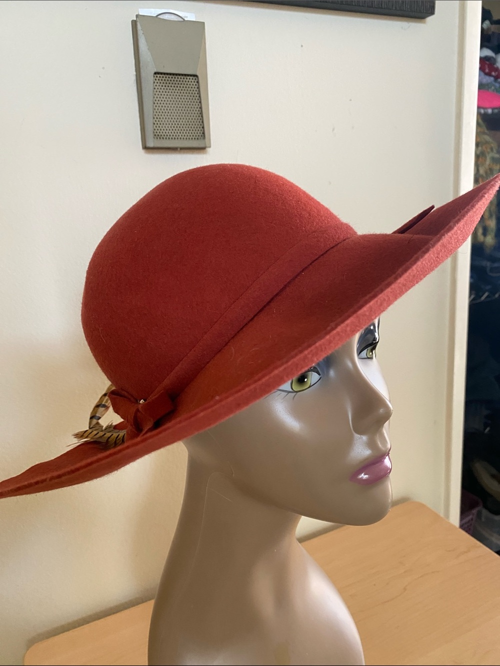 Women's Wide Brim Fine Wool felt  Hat with Feather Trim